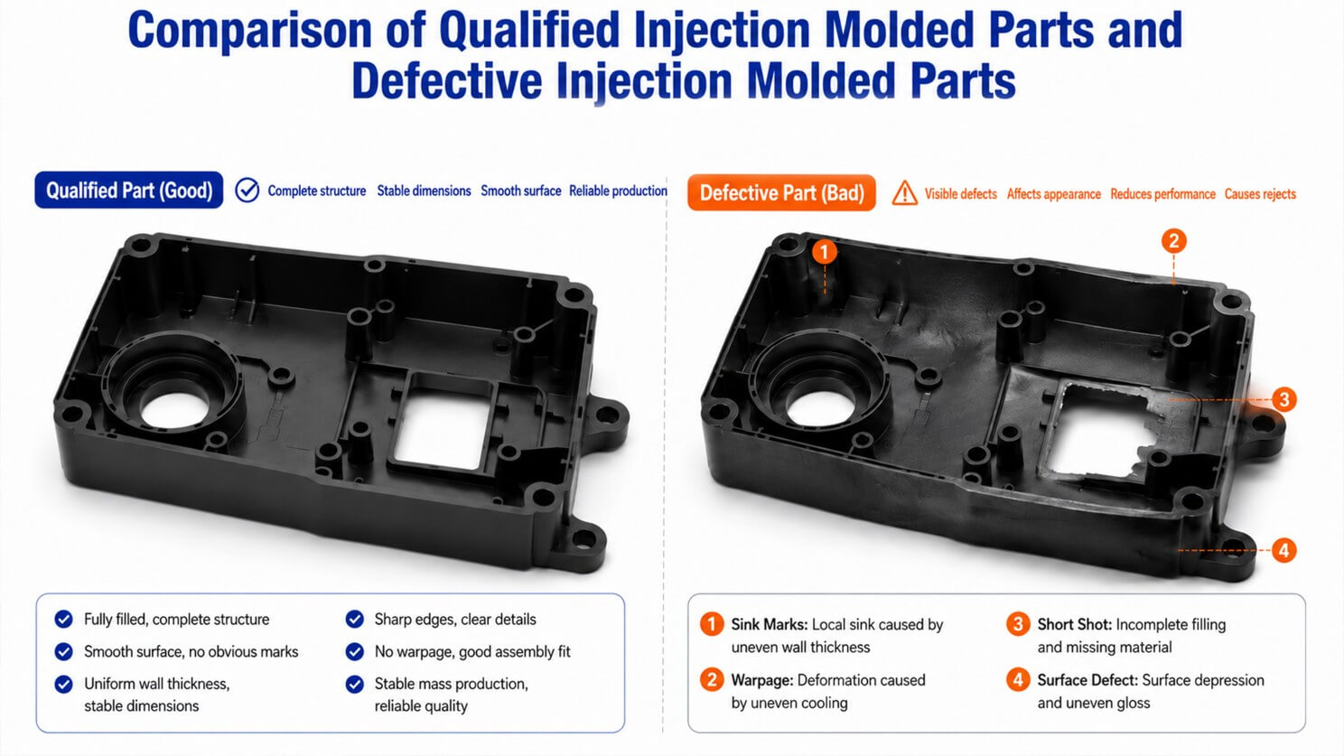 comparison of qualified injection molded parts and defective injection molded parts