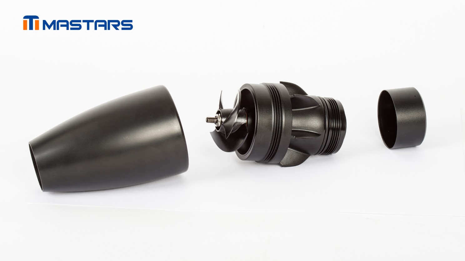 Complete surfboard propulsion module assembly, from shroud to 5-axis machined impeller and rear cap. Complete surfboard propulsion module assembly, from shroud to 5-axis machined impeller and rear cap.