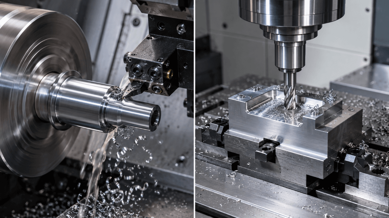 Visual comparison between CNC turning (workpiece rotates) and CNC milling (tool rotates). Visual comparison between CNC turning (workpiece rotates) and CNC milling (tool rotates).