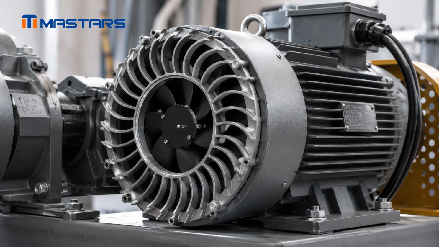 Aluminum airflow guide supports controlled cooling around an industrial motor.