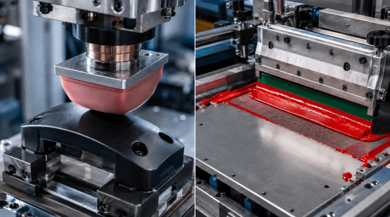 Pad printing vs screen printing process comparison. Pad printing vs screen printing process comparison.