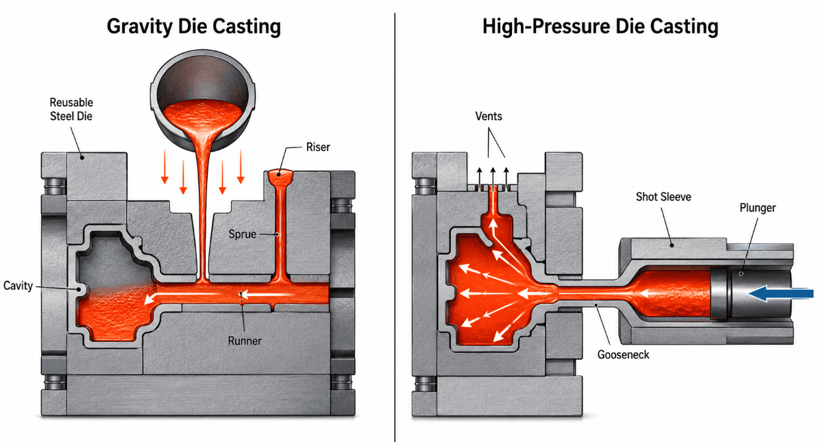 Gravity die casting vs HPDC filling process comparison