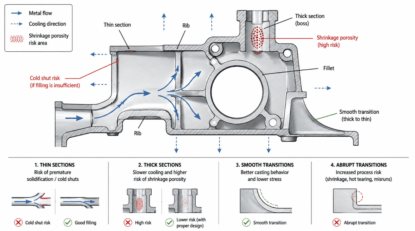 Die casting wall thickness and porosity risk in thin and thick sections