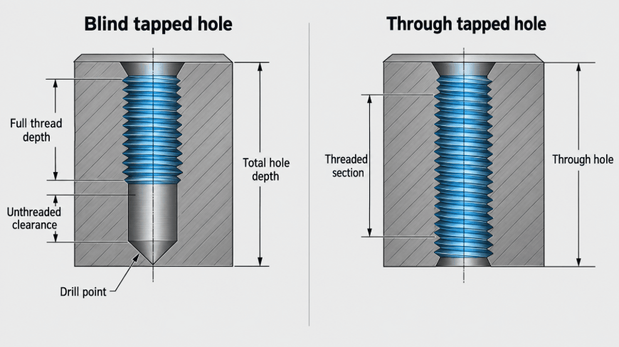 Tapped hole cross-section showing total hole depth, full thread depth, and bottom clearance