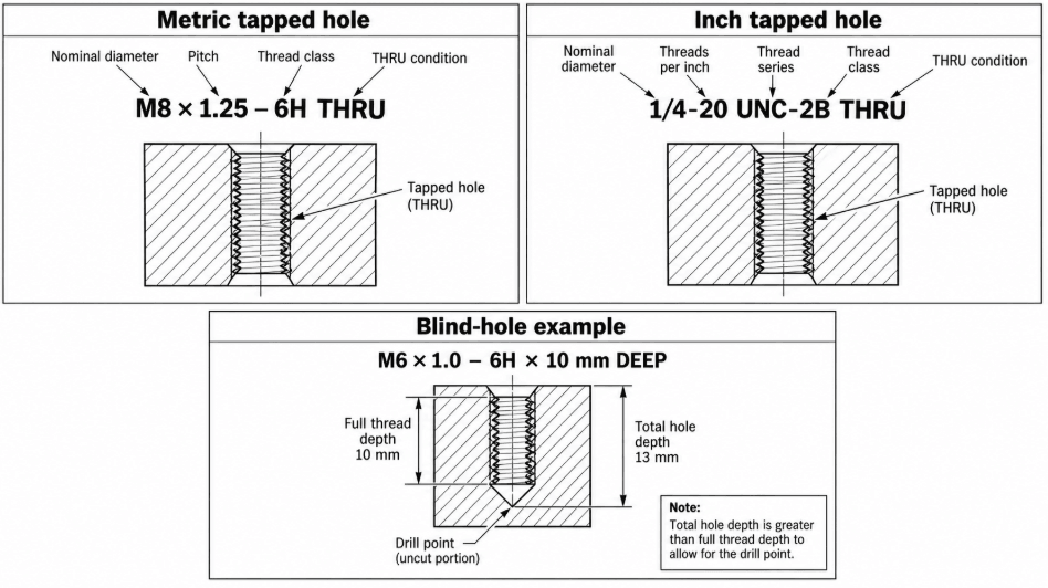 Metric and inch tapped-hole callout drawing with THRU and blind-hole examples