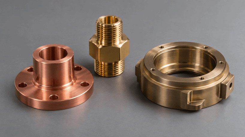 three precision-machined copper, brass, and bronze components three precision-machined copper, brass, and bronze components