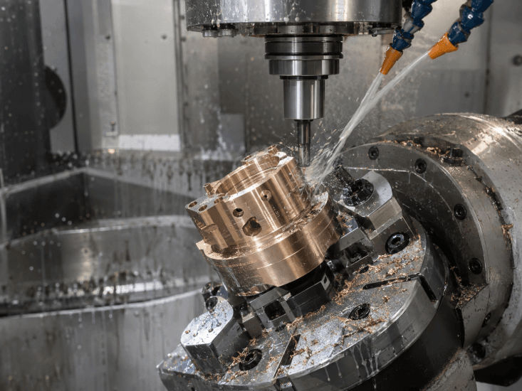 a copper, brass, or bronze component being milled or turned in an industrial CNC machine a copper, brass, or bronze component being milled or turned in an industrial CNC machine