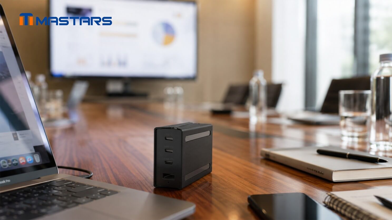 Multi-port charger enclosure shown in a practical desktop application. Multi-port charger enclosure shown in a practical desktop application.
