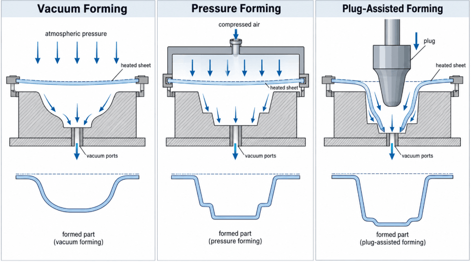 Choosing the Forming Method: Vacuum Forming vs Pressure Forming vs Plug-Assisted Choosing the Forming Method: Vacuum Forming vs Pressure Forming vs Plug-Assisted