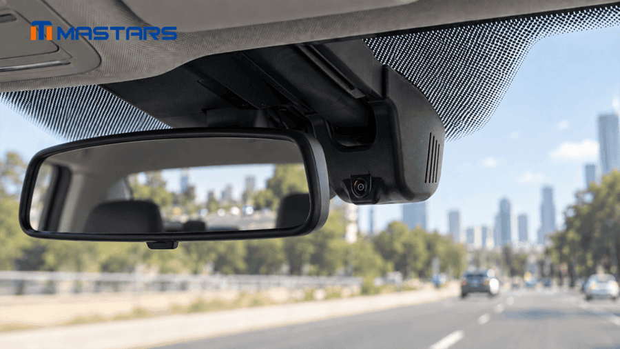 Illustrative automotive camera installation near the windshield and rearview mirror.