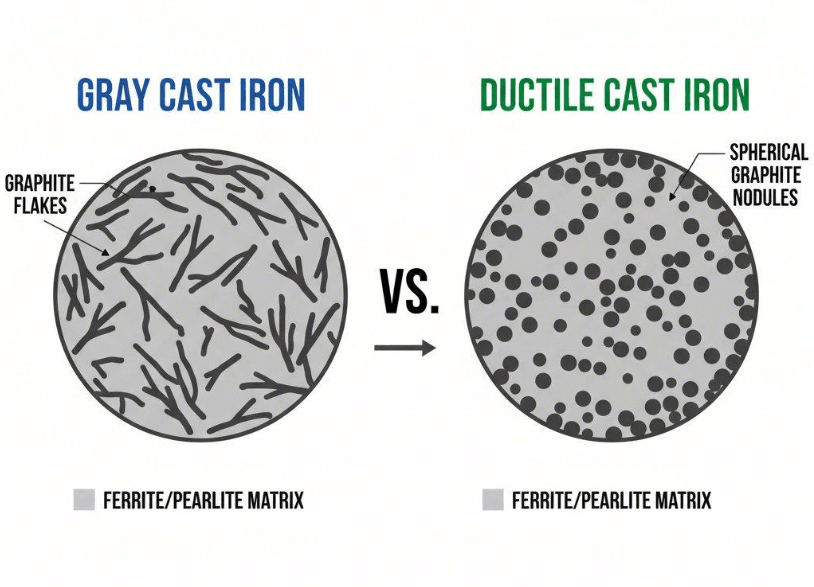 Metallographic microstructure of gray cast iron with flake graphite compared with ductile cast iron with nodular graphite