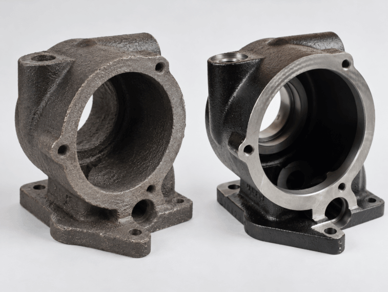 As-cast metal housing compared with a CNC-machined component showing precision bores and finished mounting faces