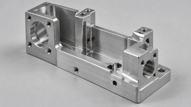 CNC-machined aluminum part with deep pockets, thin walls, threaded holes, and complex milling features CNC-machined aluminum part with deep pockets, thin walls, threaded holes, and complex milling features
