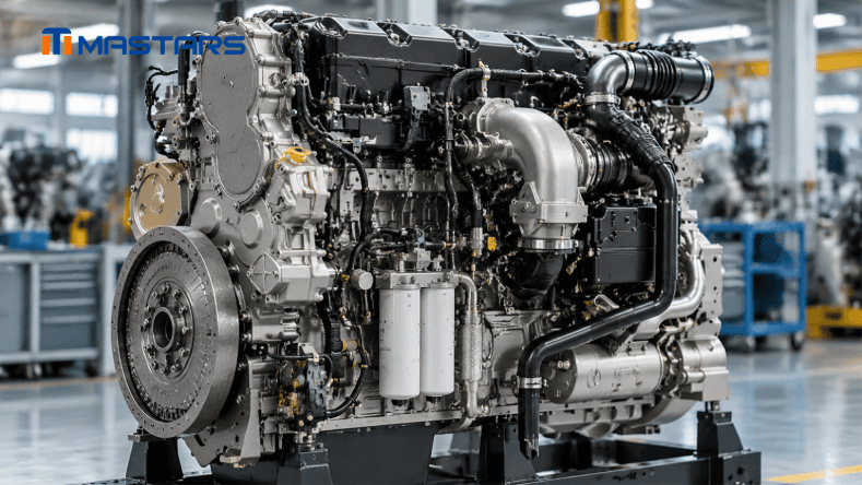 An industrial diesel engine and its auxiliary systems, illustrating a typical engine manufacturing application. An industrial diesel engine and its auxiliary systems, illustrating a typical engine manufacturing application.
