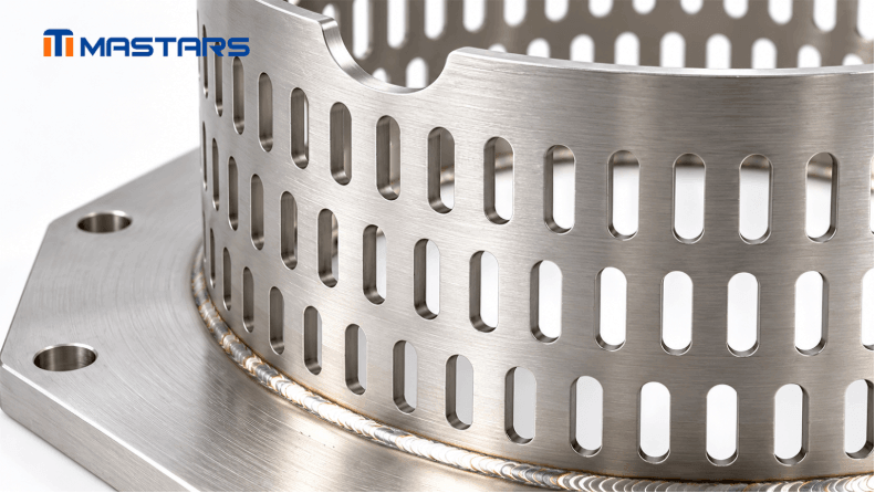 Close-up of the perforation geometry, brushed metal finish and circumferential weld seam. Close-up of the perforation geometry, brushed metal finish and circumferential weld seam.