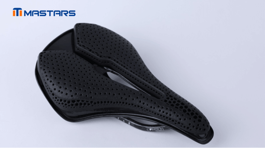 The printed lattice cushioning layer integrates with the supporting shell and saddle rails.