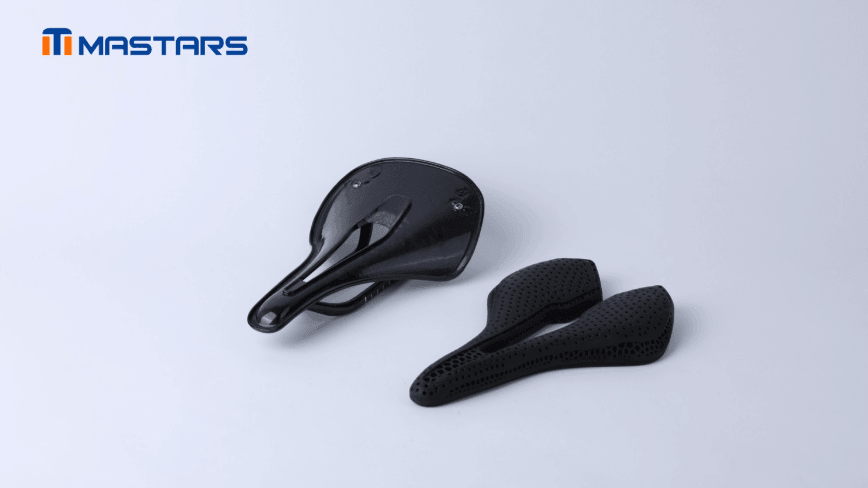 Separately manufactured lattice cushioning layer and supporting shell for a bicycle saddle.