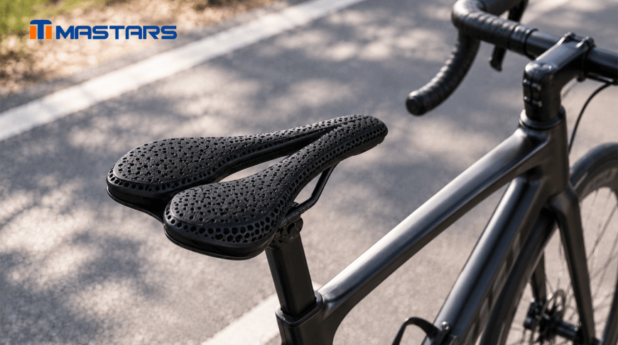 Bicycle saddle with lattice cushioning, illustrating an application of additive manufacturing in cycling equipment.