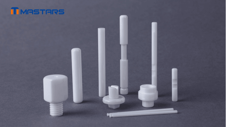 Precision zirconia ceramic components featuring slender rods, stepped shafts, and threaded geometries. Precision zirconia ceramic components featuring slender rods, stepped shafts, and threaded geometries.