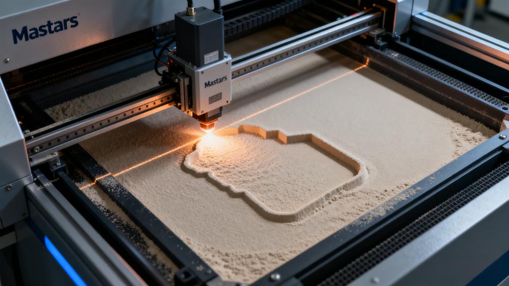 Close-up of an SLS 3D printer in action at Mastars facility, fusing nylon powder with a laser