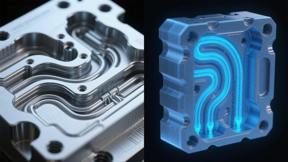 Close-up view of an additive manufacturing produced conformal cooling mold component with visible channel structures alongside a 3D render of cooling flow patterns