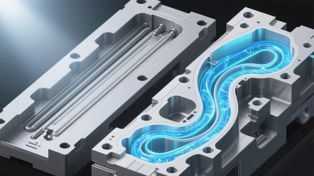 Side-by-side comparison of traditional straight cooling channels versus additive manufacturing produced conformal cooling channels in a die casting mold